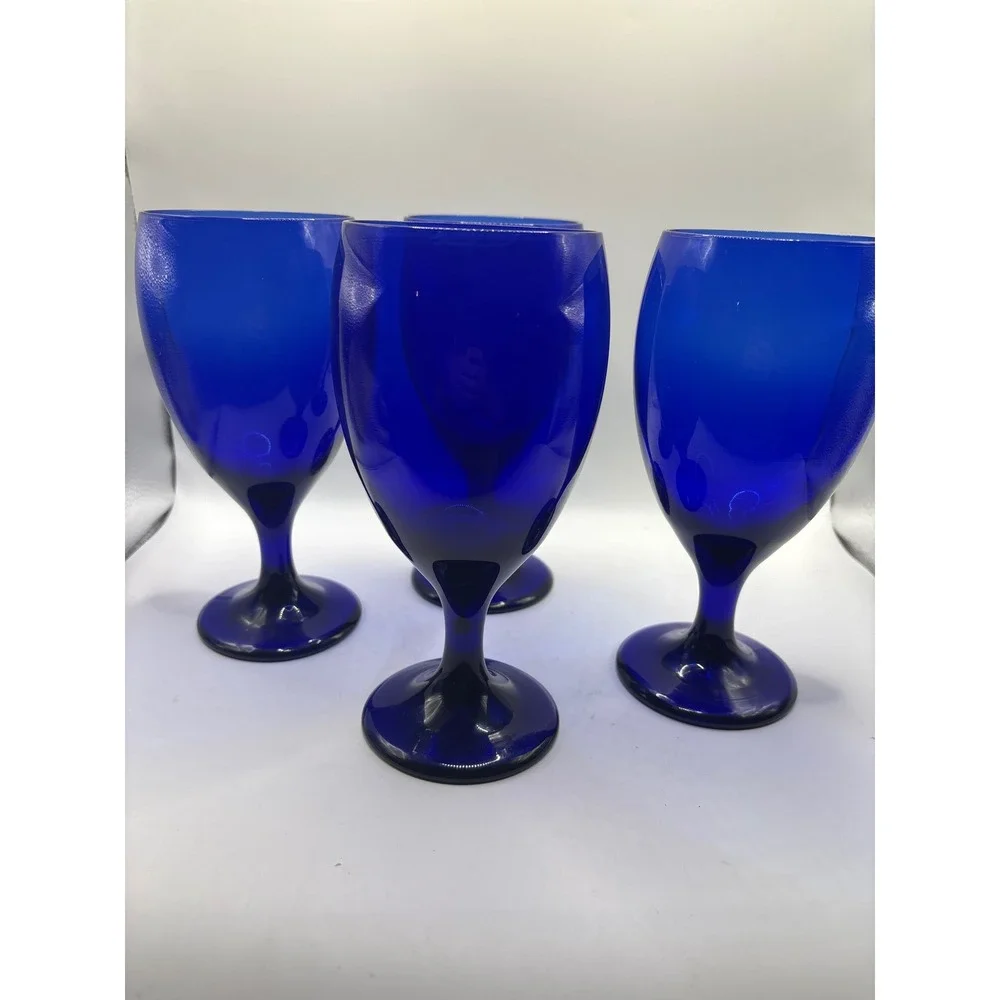 VTG Set of 4 Cobalt Blue Glass Goblets Stemmed Water Wine Glasses 7 inch